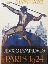Oficjalny plakat VIII Igrzysk Olimpijskich w Paryżu z 1924r. Przedstawia mężczyznę z włócznią na tle świata i zabytków Ź